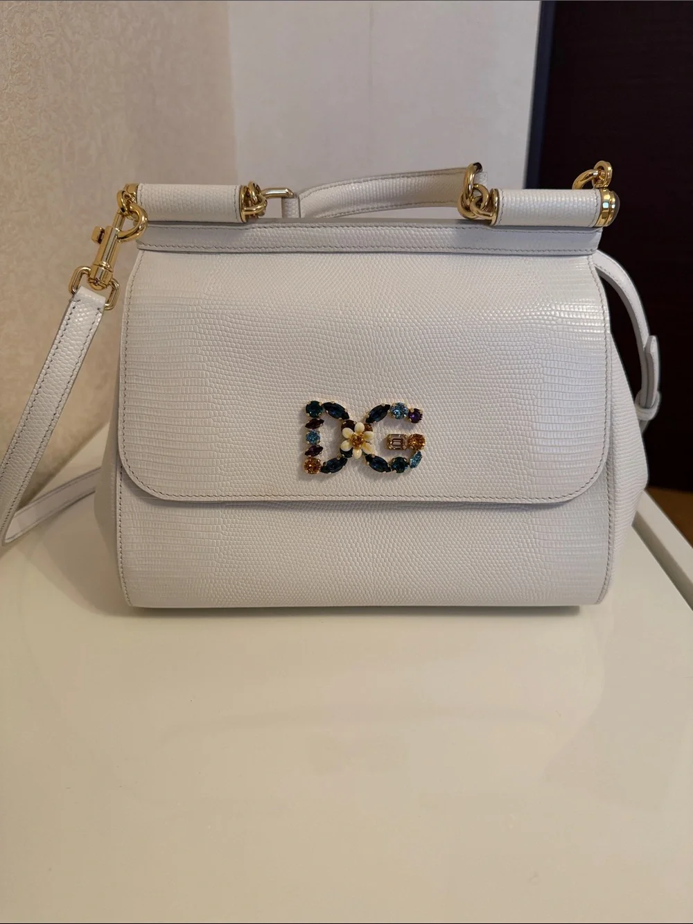 Dolce & Gabbana White Textured Satchel with Jeweled DG Logo